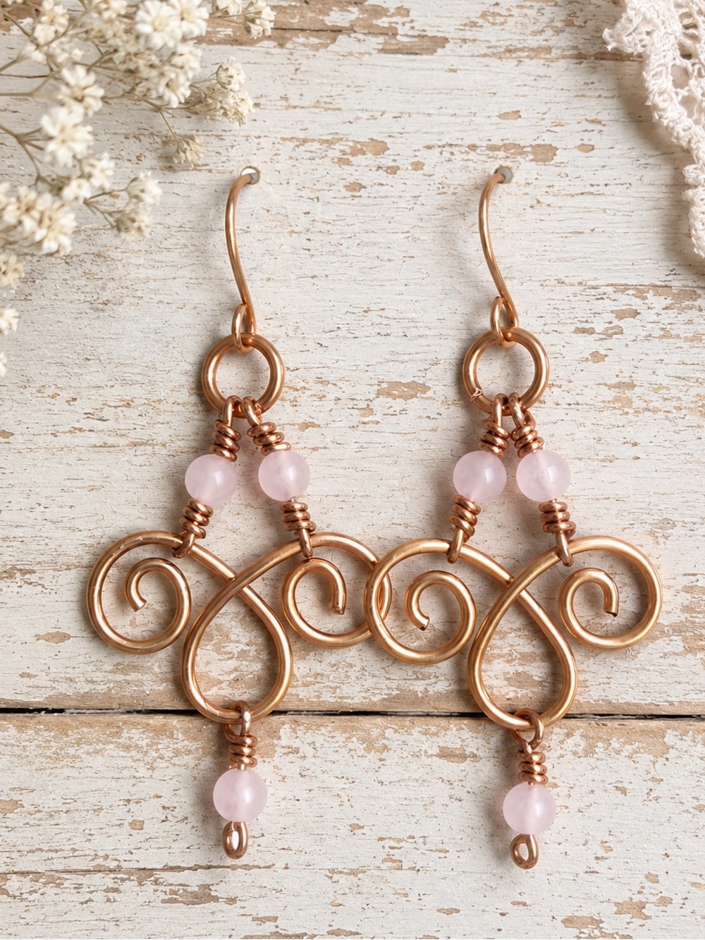 Handcrafted Copper Wire Filigree Earrings with Pink Quartz Beads